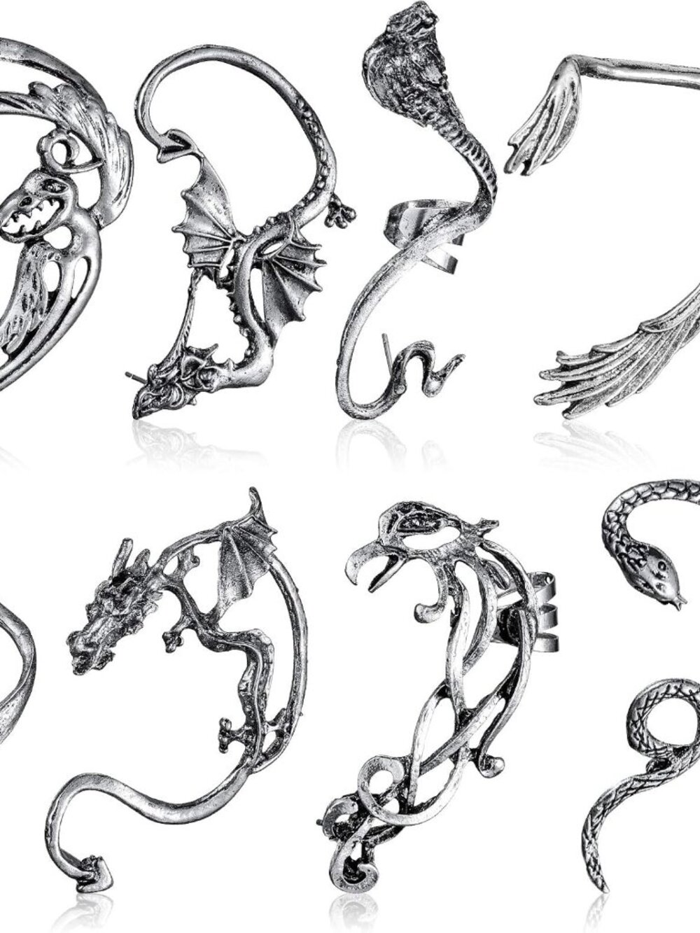 8 Pcs Punk Earrings Dragon Ear Cuff Vintage Retro Snake Bat Crow Ear Climber Ear - Picture 1 of 7